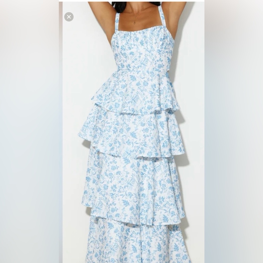 Maxi Dress One and Only Floral Print Square Neck Tiered  Blue sundress